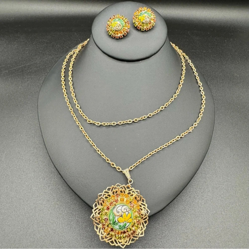 Vintage 1920s Art Nouveau Style Austrian Crystal Gold Tone Floral Necklace Set - Picture 5 of 17